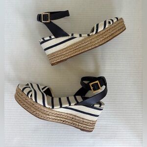 TORY BURCH Sandals Karissa Navy Stripe Espadrille Ankle Strap Wedge Sz 6